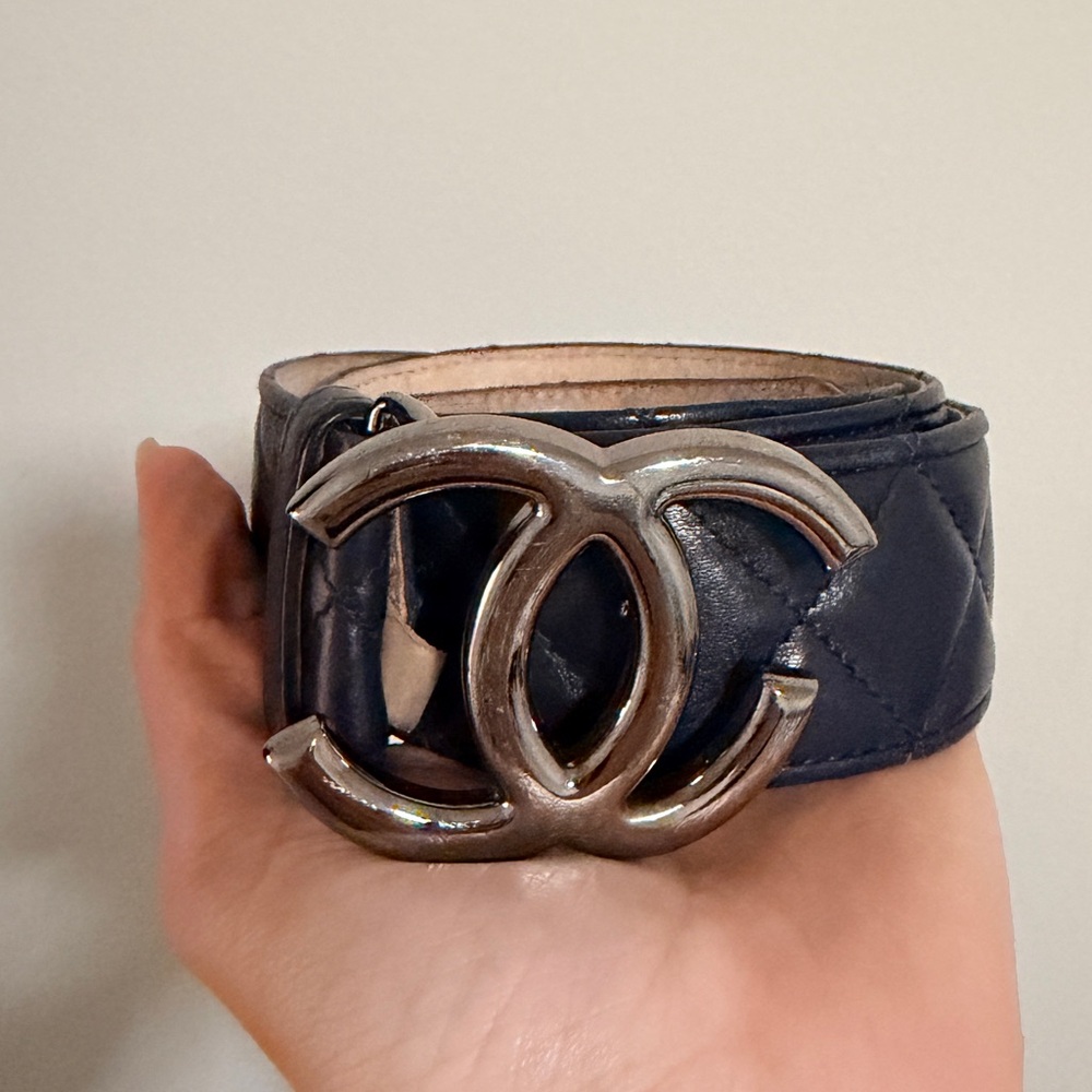 CHANEL Navy Leather Belt with Silver-Tone Logo Buckle